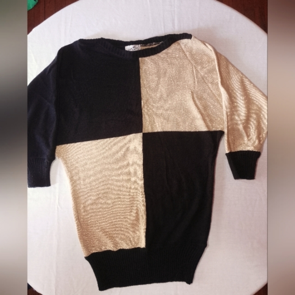 Vintage 80's Dressy Tessy Color Block Metallic Gold and Black Sweater Dress